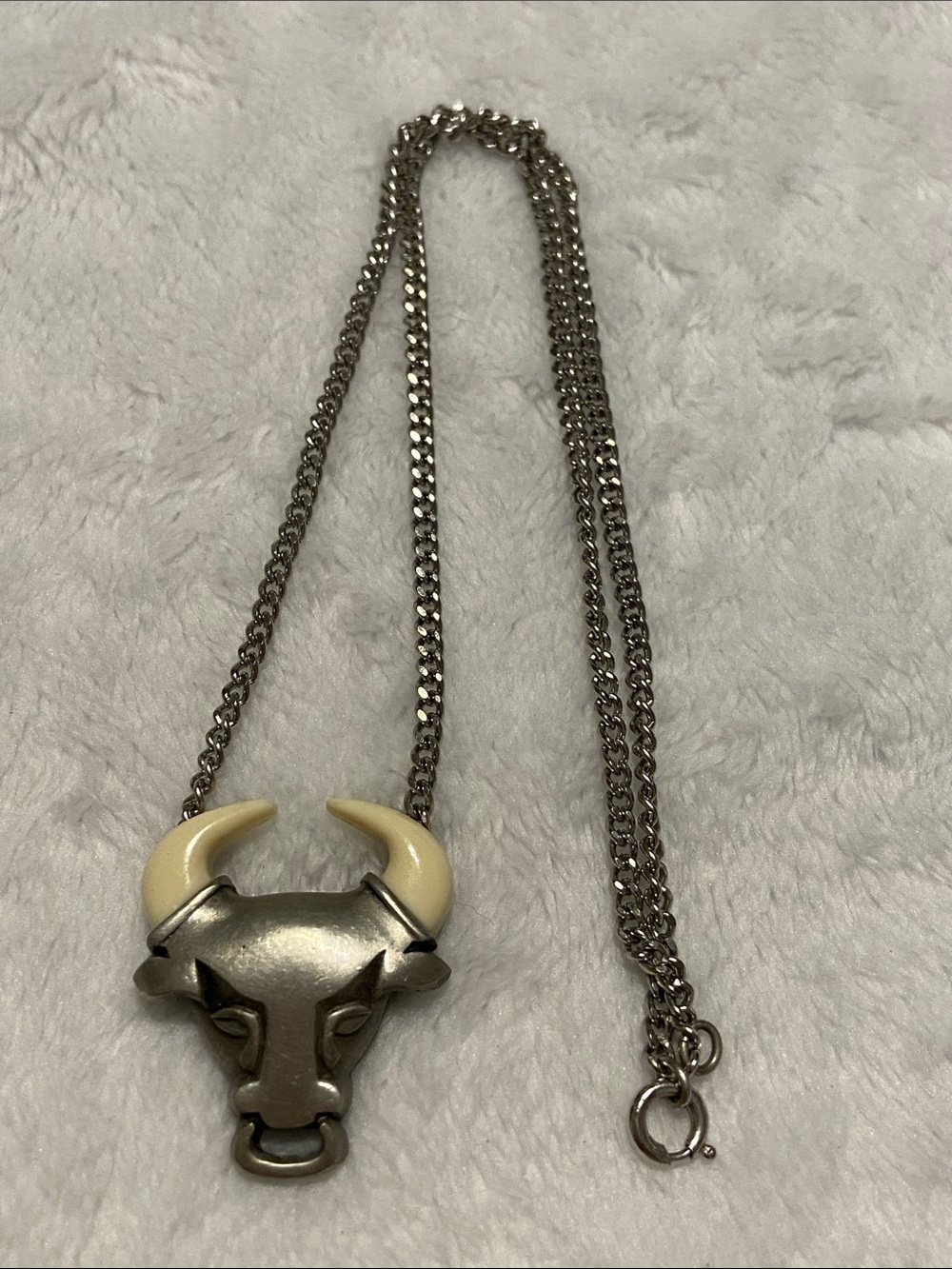 Vintage Avon Taurus Bull Head Pendant Necklace with Cream Horns